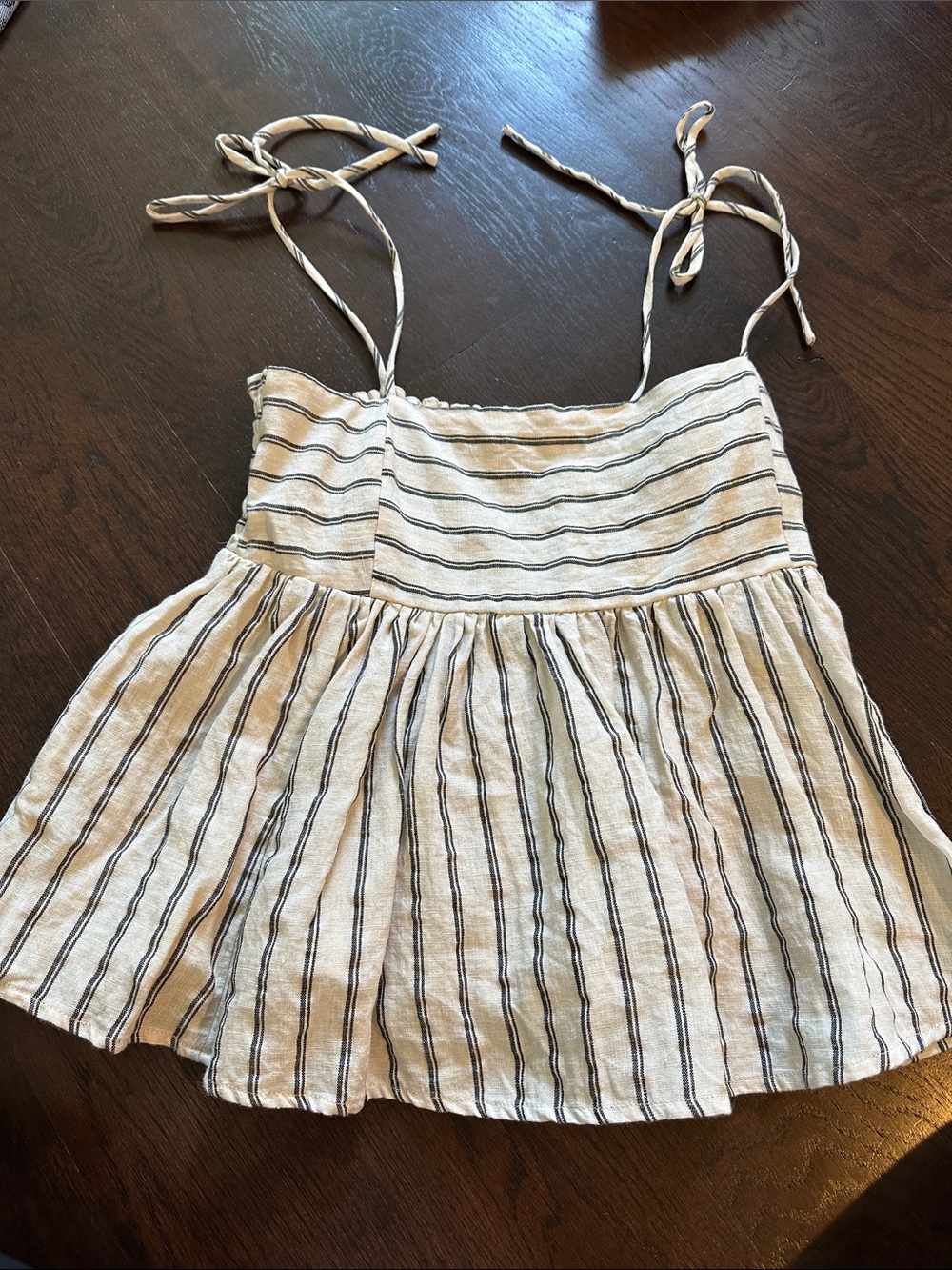 Striped Tie-Shoulder Linen Blend Tank Top - Cream/Black